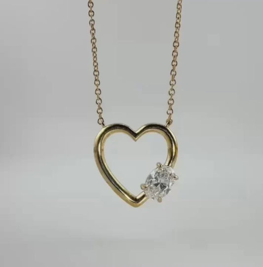 0.54ct 14K Yellow Gold Oval Diamond Heart Pendant Necklace