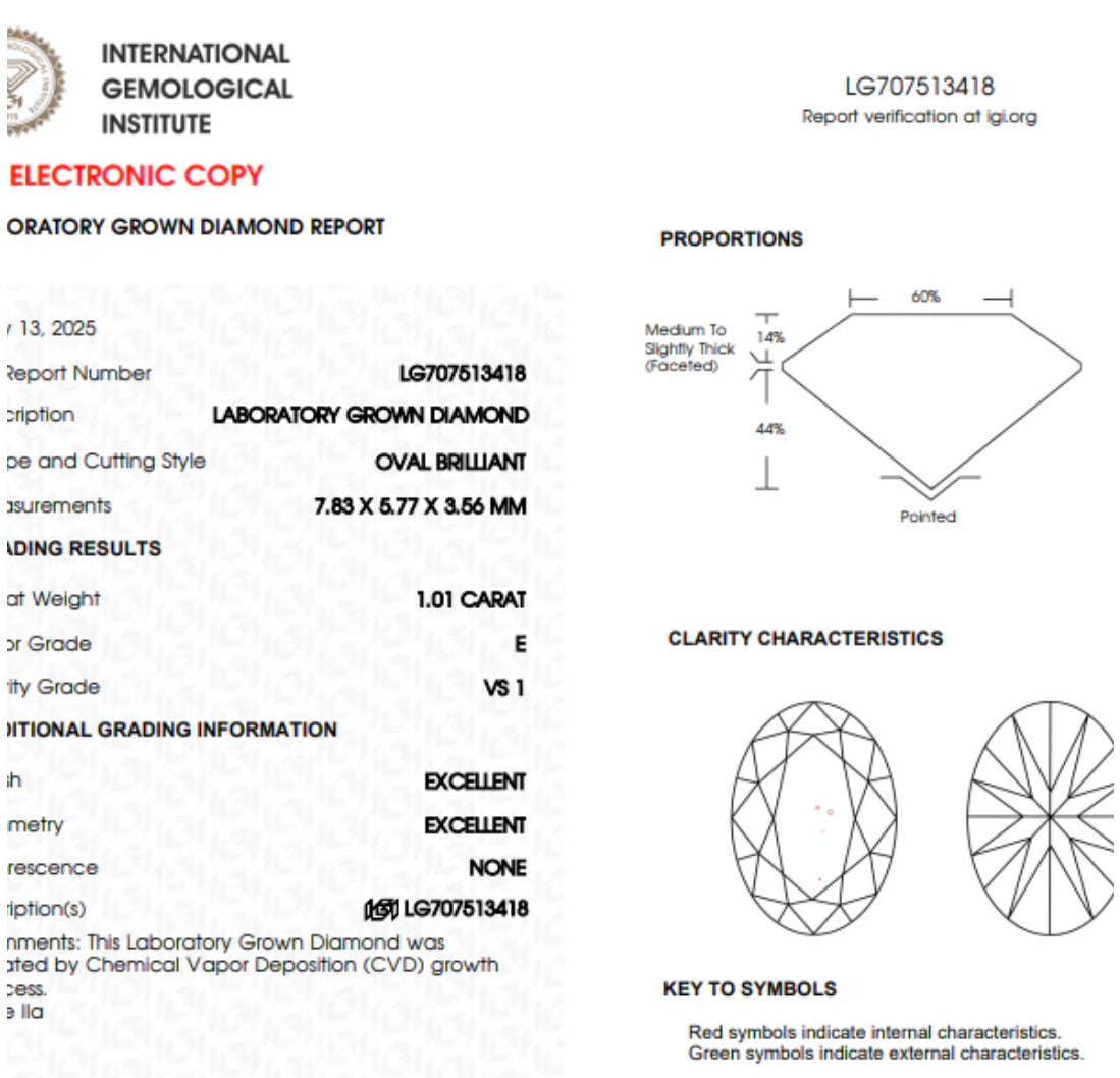 1.01ct 14KT Yellow Gold Oval Diamond Pendant Necklace Sideways 18" (IGI Certified)